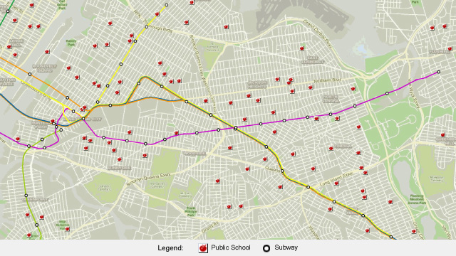 map illustrating the close proximity of elevated subways to public schools in Queens